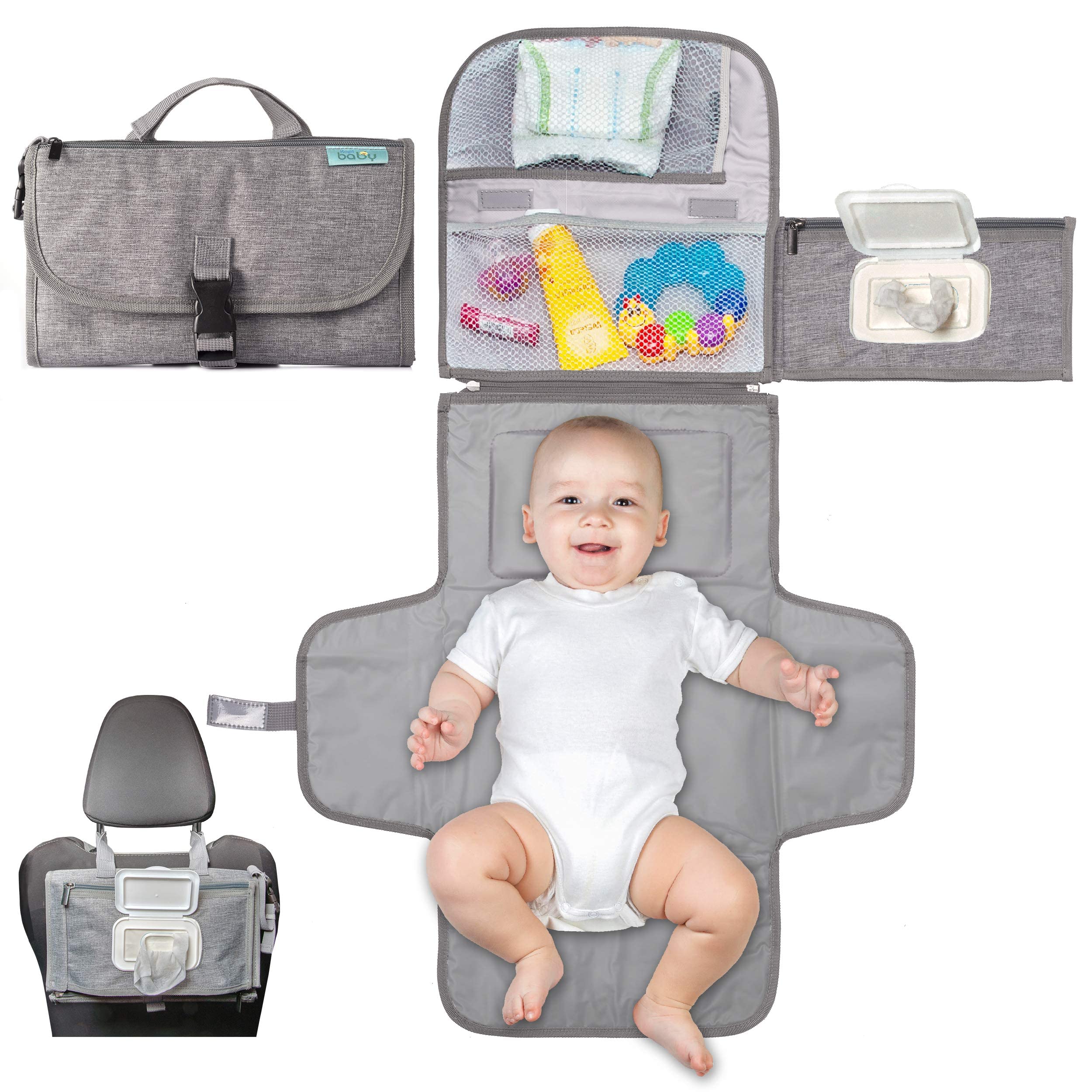 Kopi Baby cambiador frontal gris clásico, compacto y listo para viajar