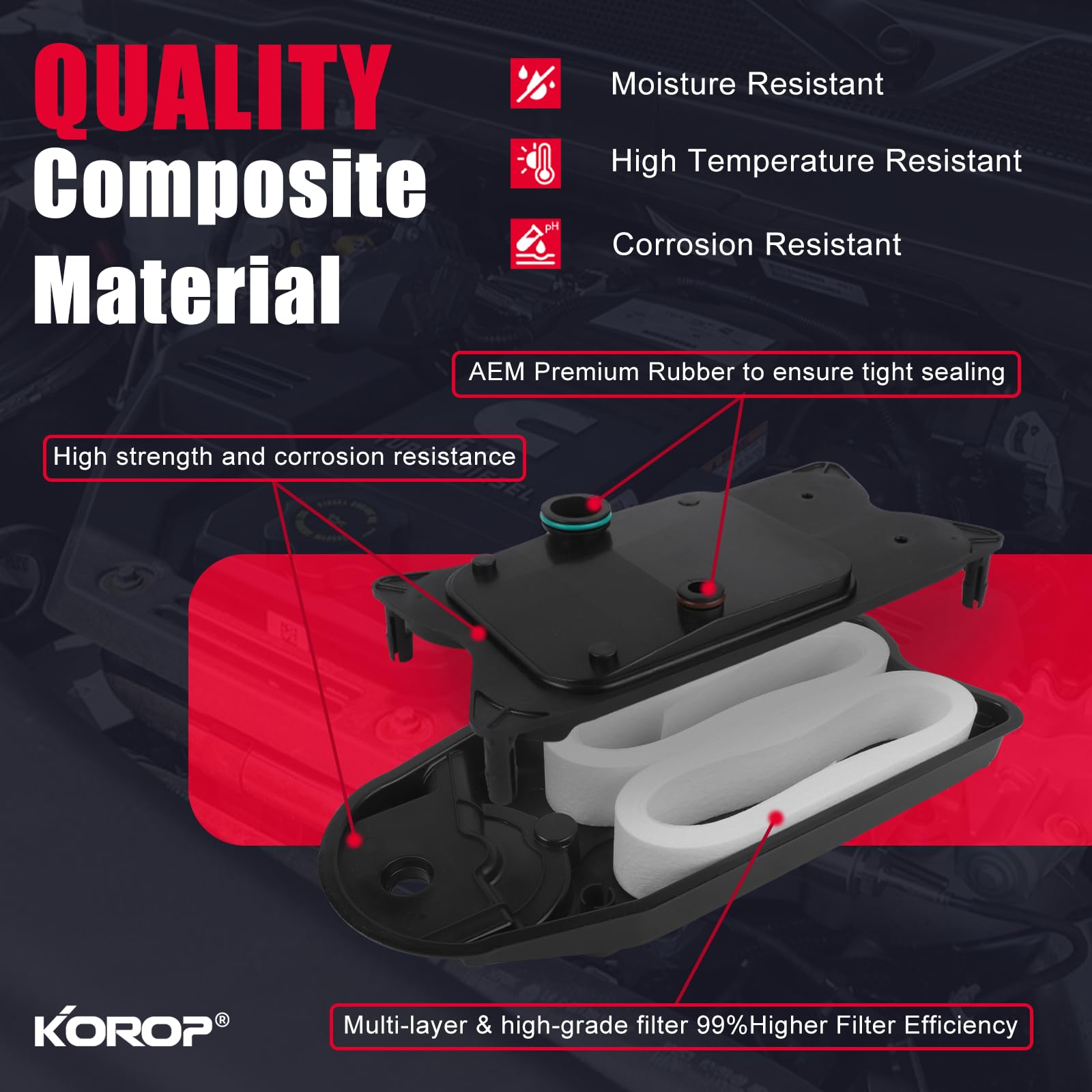 KOROP filter label with part numbers showing compatibility and OEM-equivalent fitment