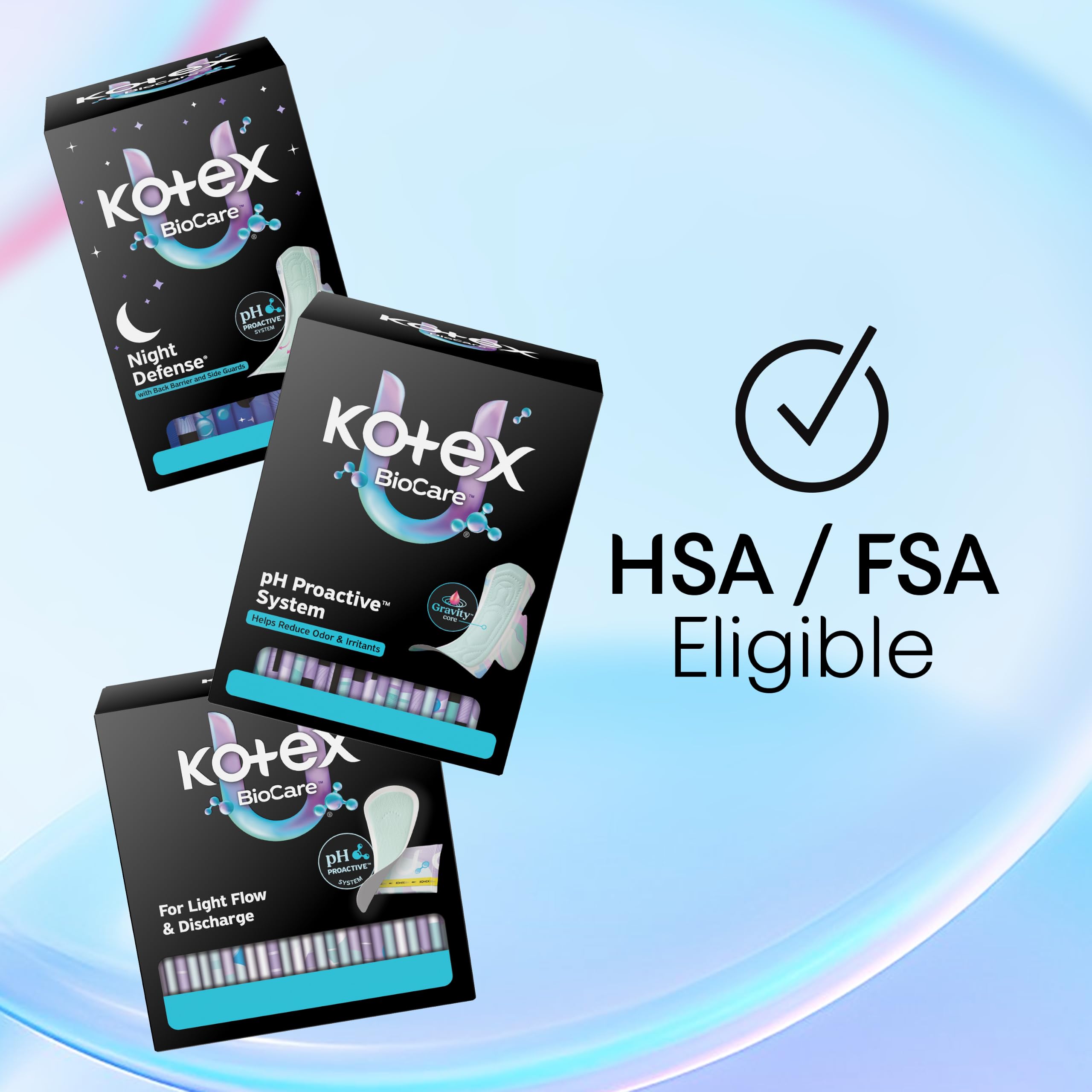 Kotex tres paquetes apilados mostrando el contenido de 72 unidades