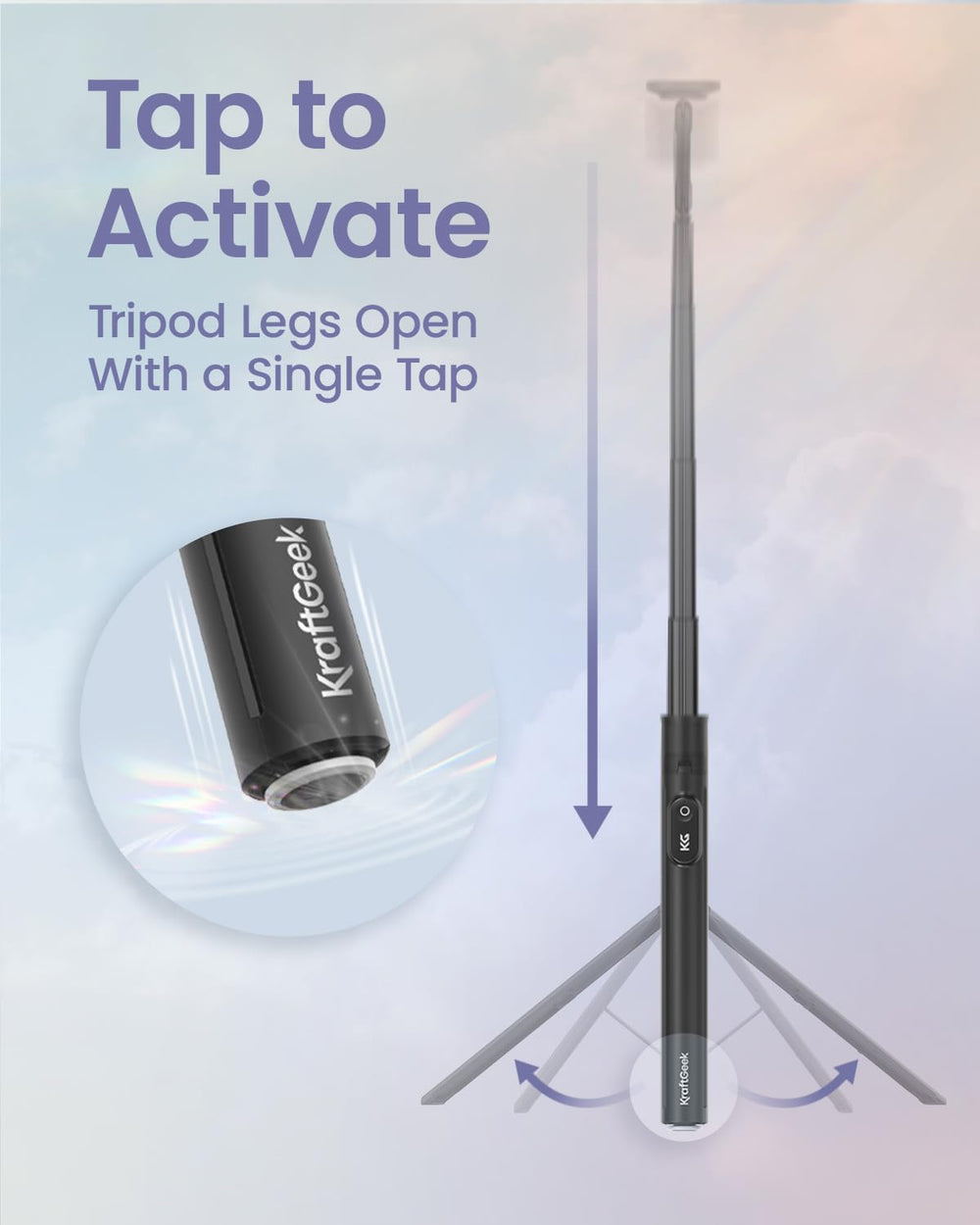 KraftGeek JustTap fully extended to 66 inches for full-body and group shots