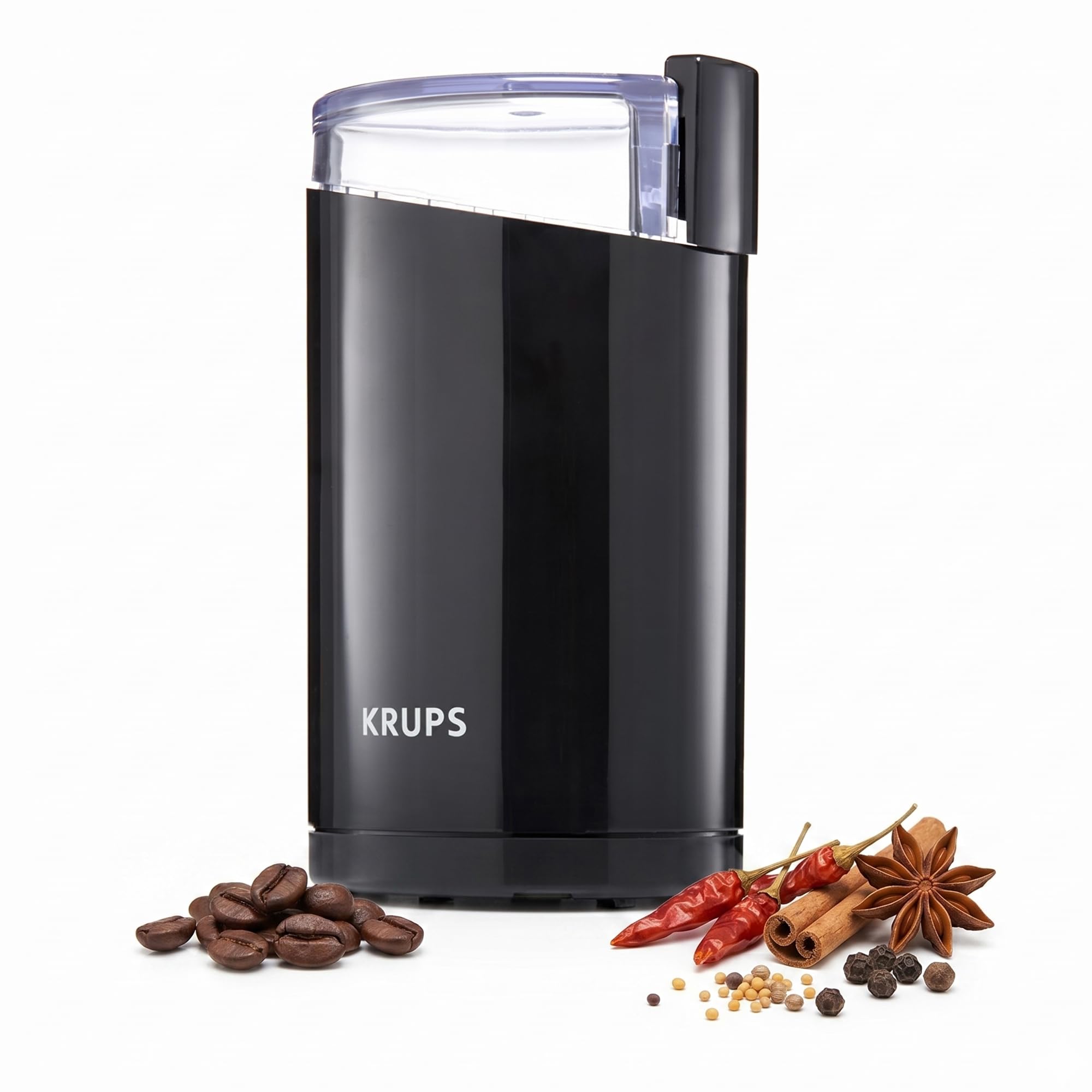 KRUPS vista frontal compacto negro con un solo botón y diseño ahorrador de espacio