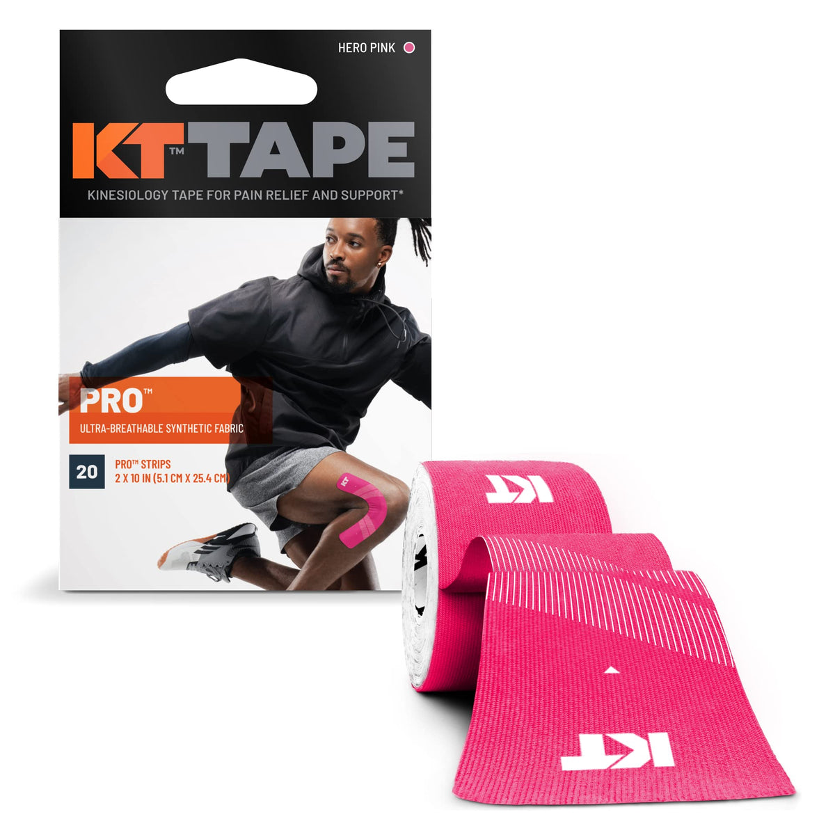 KT Tape Pro empaque frontal mostrando 20 tiras Hero Pink y conveniencia