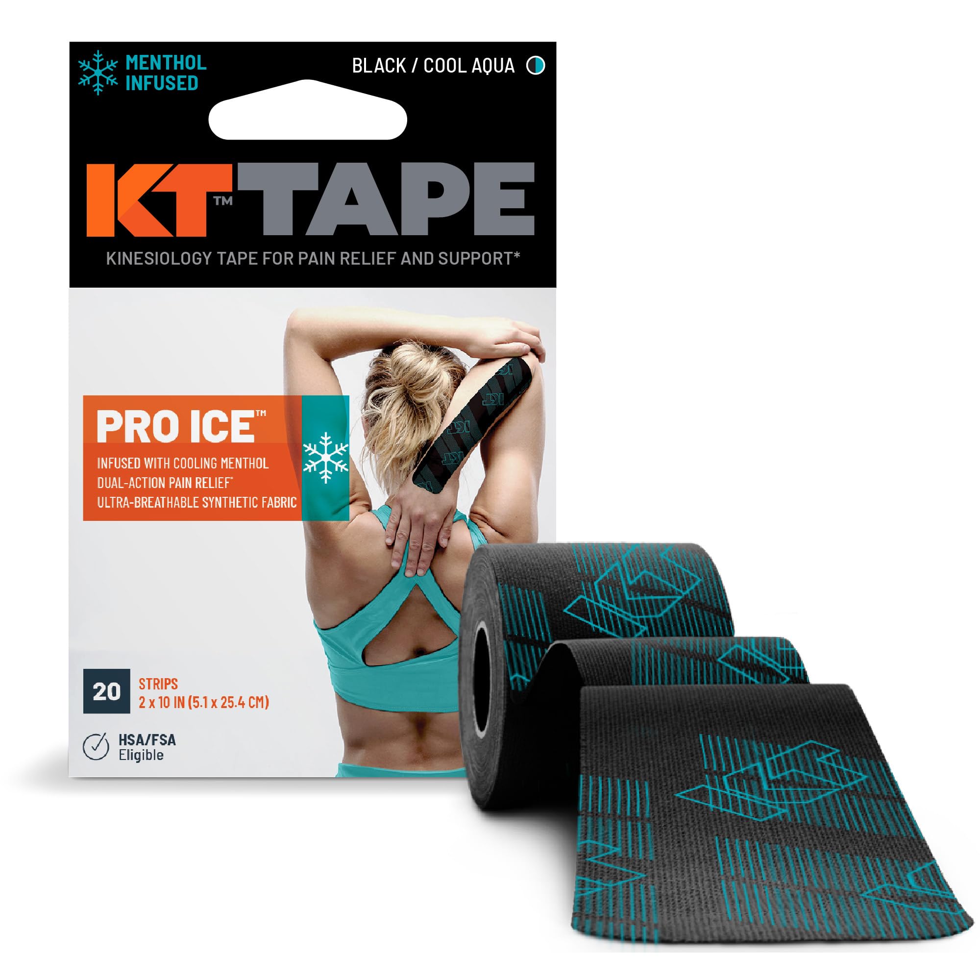 KT Tape Pro Ice frente del envase mostrando las 20 tiras y beneficio de soporte duradero