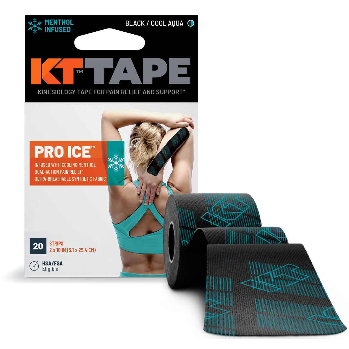 KT Tape Pro Ice frente del envase mostrando las 20 tiras y beneficio de soporte duradero