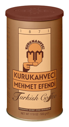 Kurukahveci Mehmet Efendi tin front view showing authentic packaging and heritage appeal