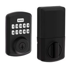 Kwikset Powerbolt 250 front view showing matte black finish and keypad, modern curb appeal