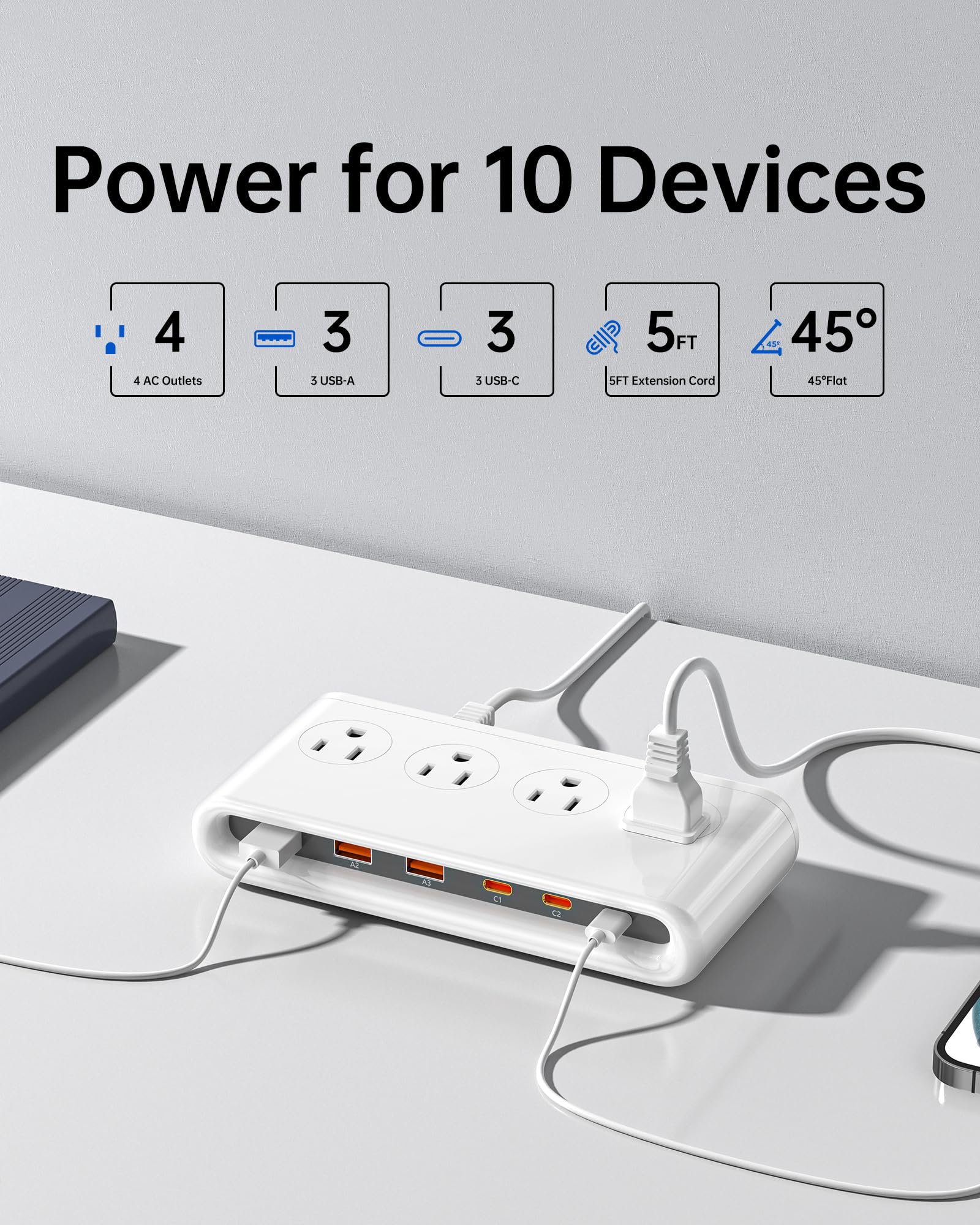 KWRNVO primer plano de puertos USB-C y USB-A, carga rápida y múltiple