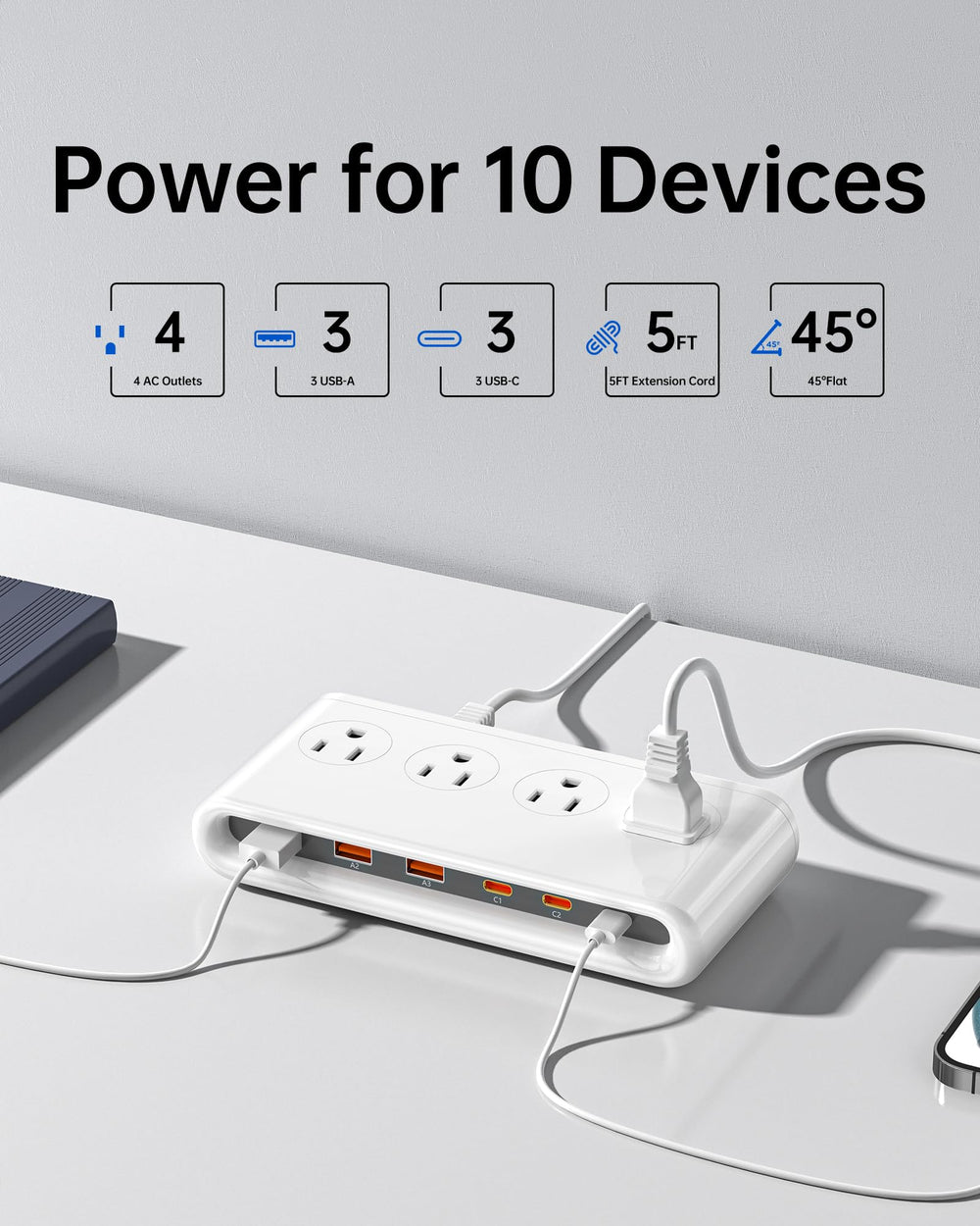 KWRNVO primer plano de puertos USB-C y USB-A, carga rápida y múltiple