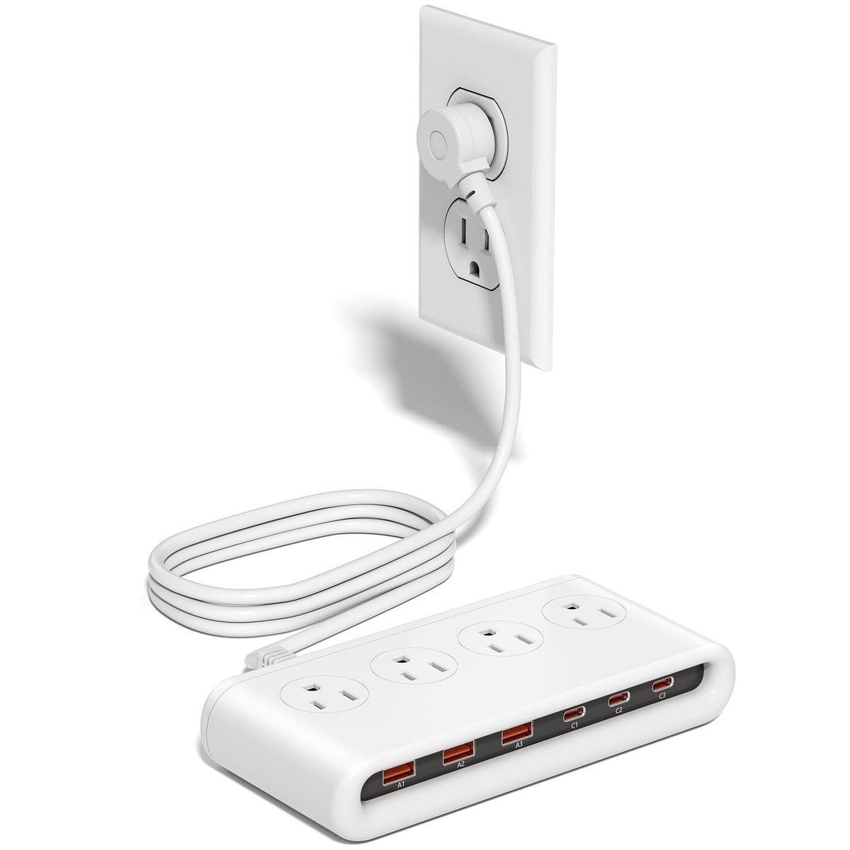 KWRNVO vista frontal con puertos USB y tomas AC, organiza dispositivos eficientemente