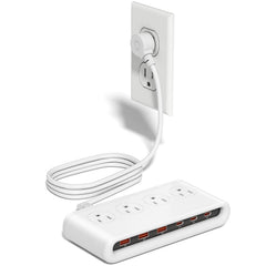 KWRNVO vista frontal con puertos USB y tomas AC, organiza dispositivos eficientemente