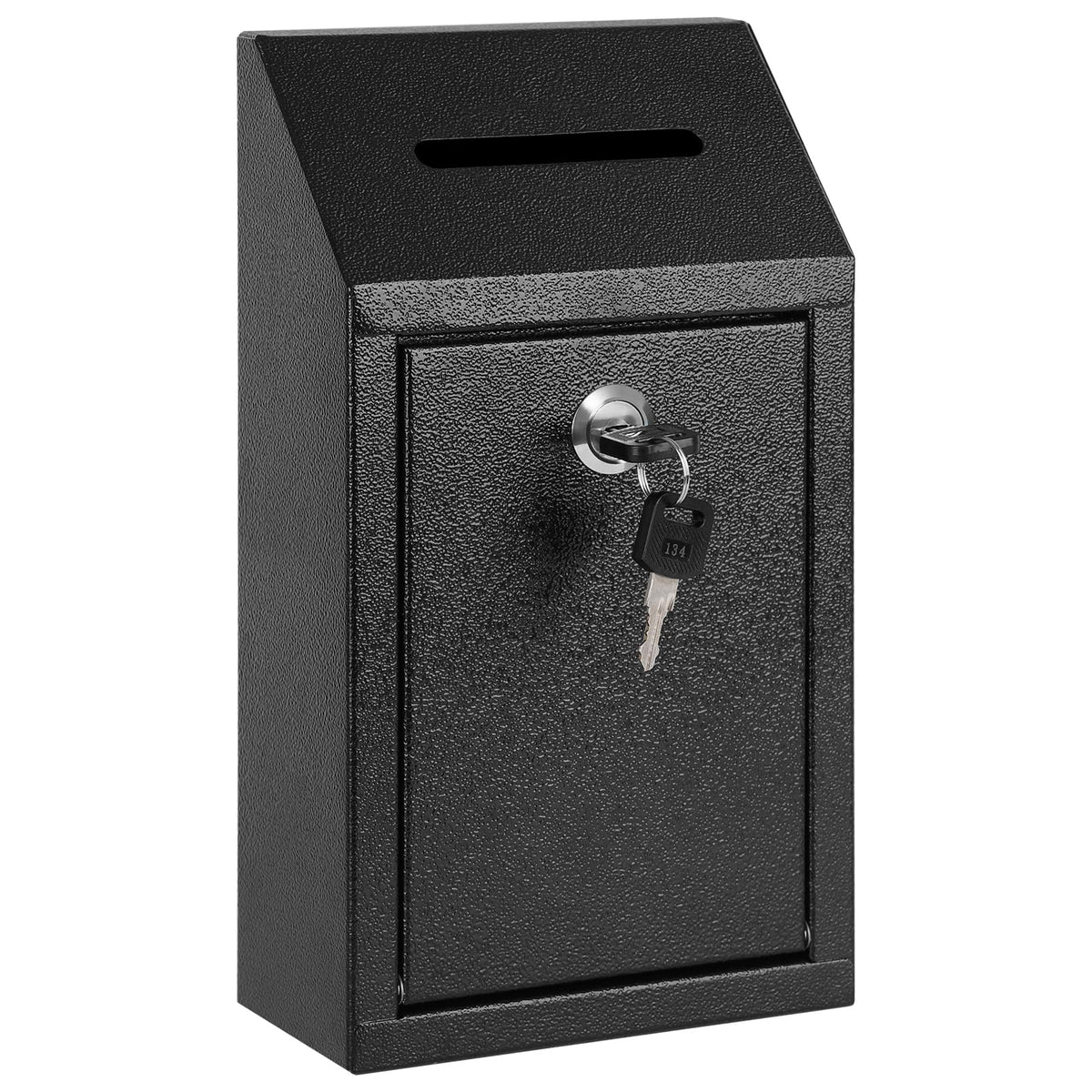 KYODOLED vista frontal de la caja metálica con ranura y cerradura, seguridad visible