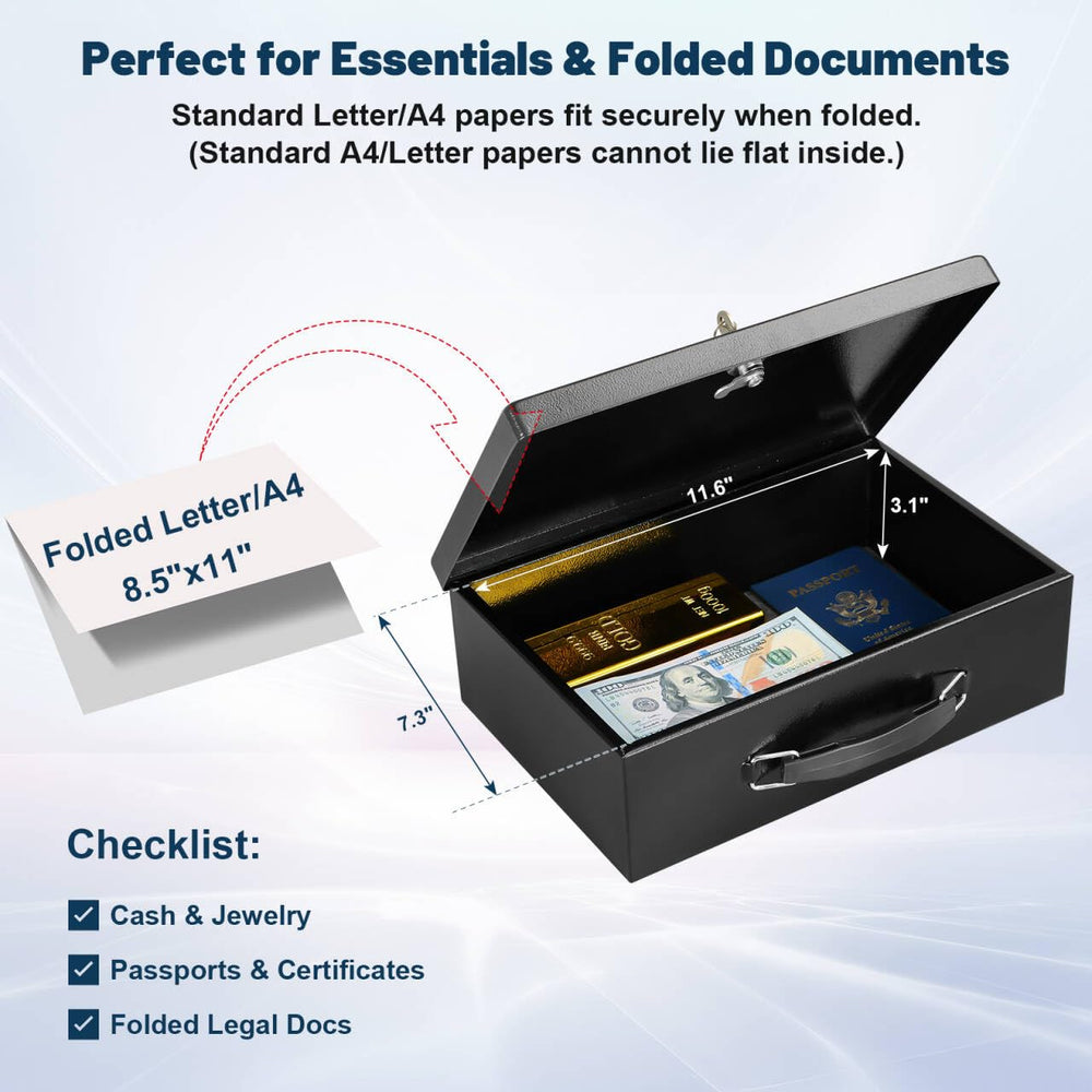 KYODOLED safe next to a ruler and notebook showing scale and fit for folded letter documents