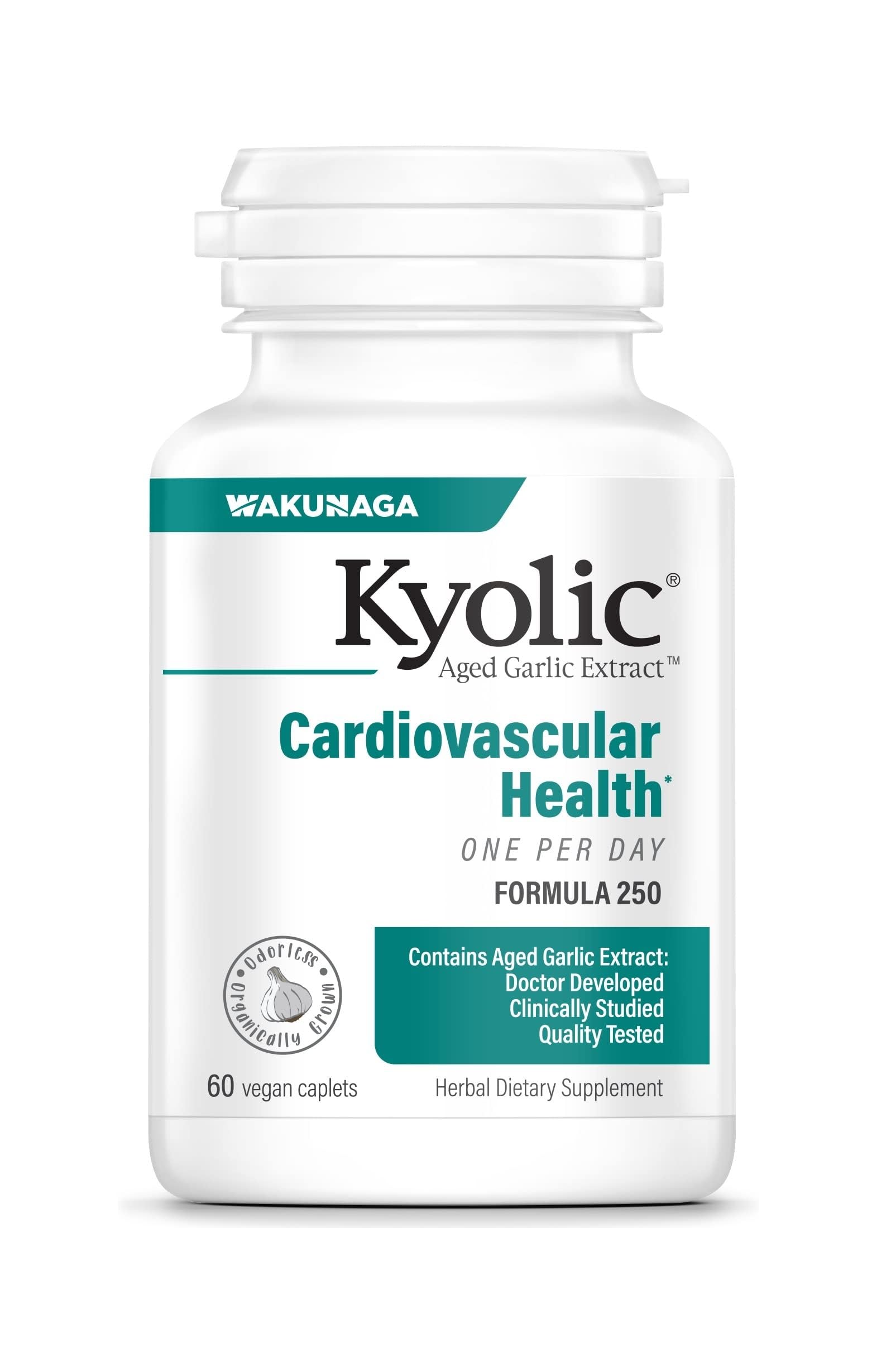 Kyolic frasco frontal con 60 caplets, presentación clara y práctica