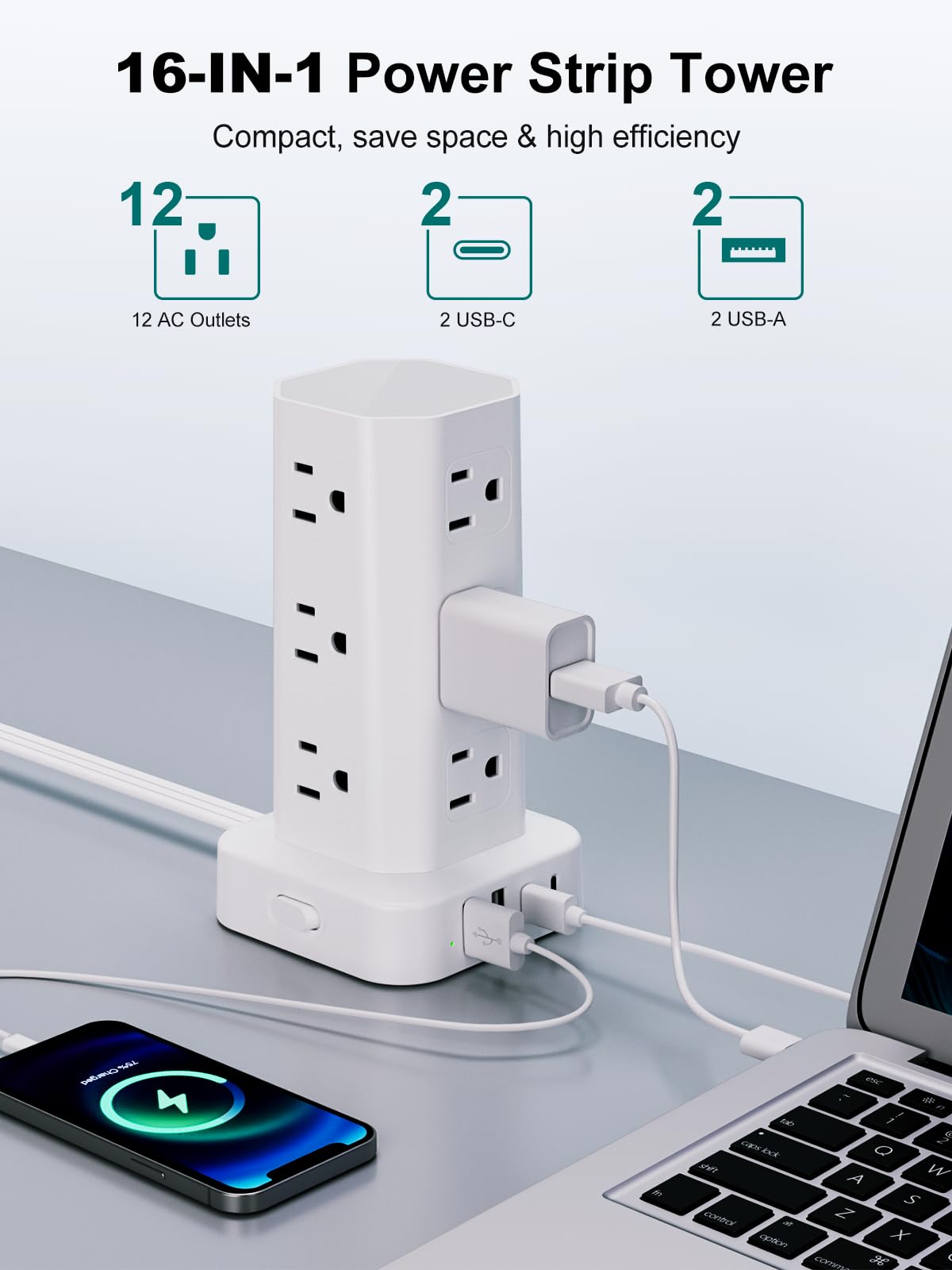 KZNXCVI closeup de puertos USB y USB-C para carga rápida segura