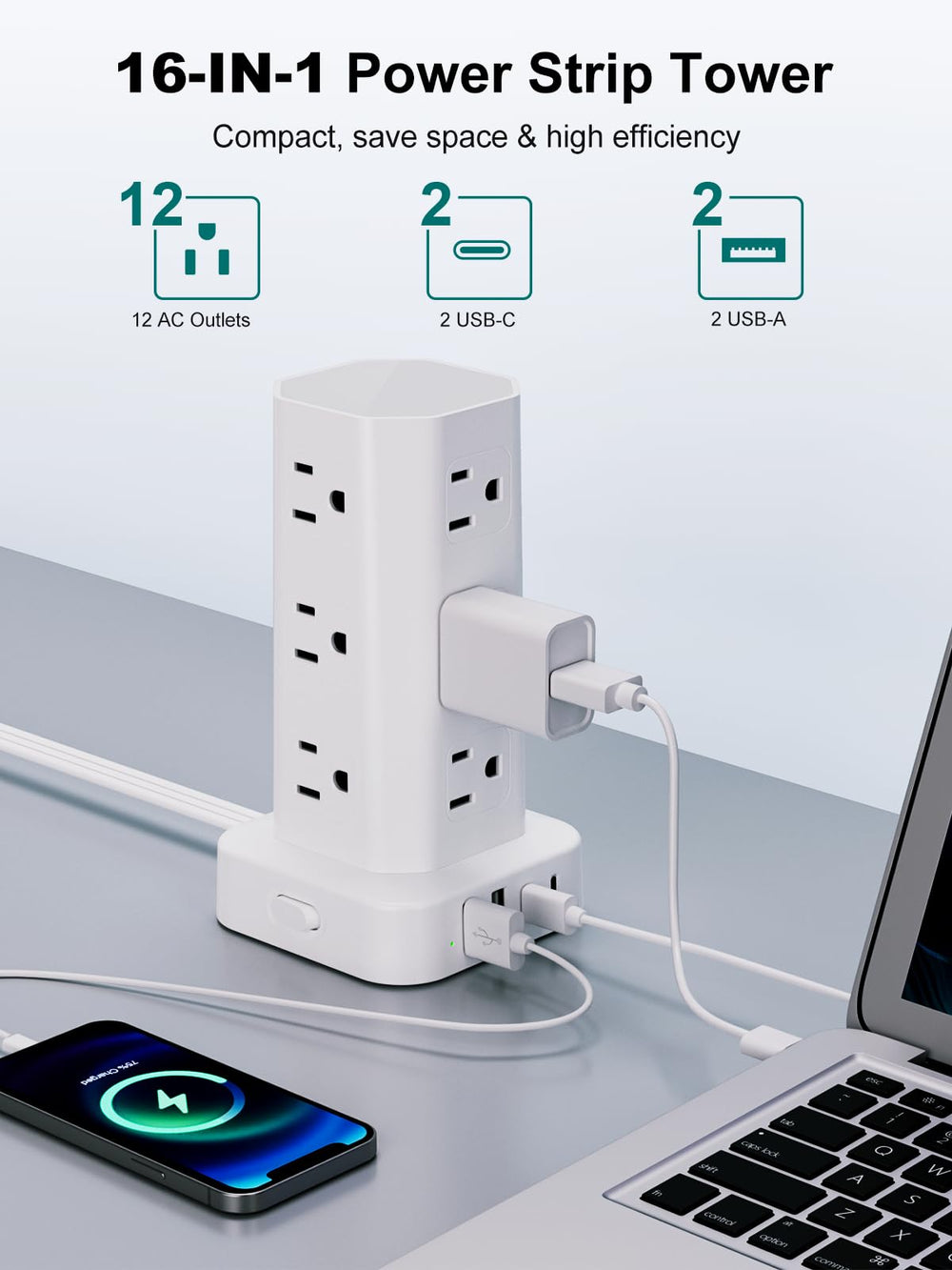 KZNXCVI closeup de puertos USB y USB-C para carga rápida segura