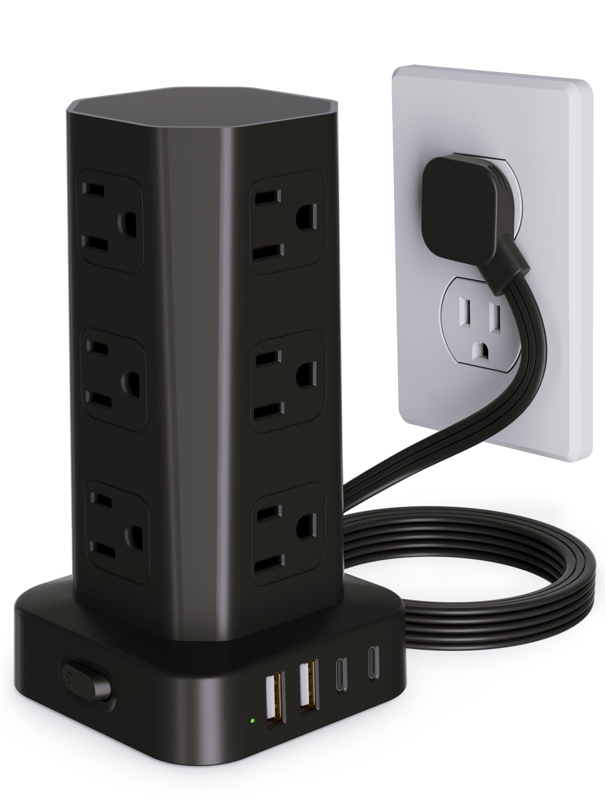 KZNXCVI torre frontal mostrando 12 tomas y 4 puertos USB para múltiples cargas