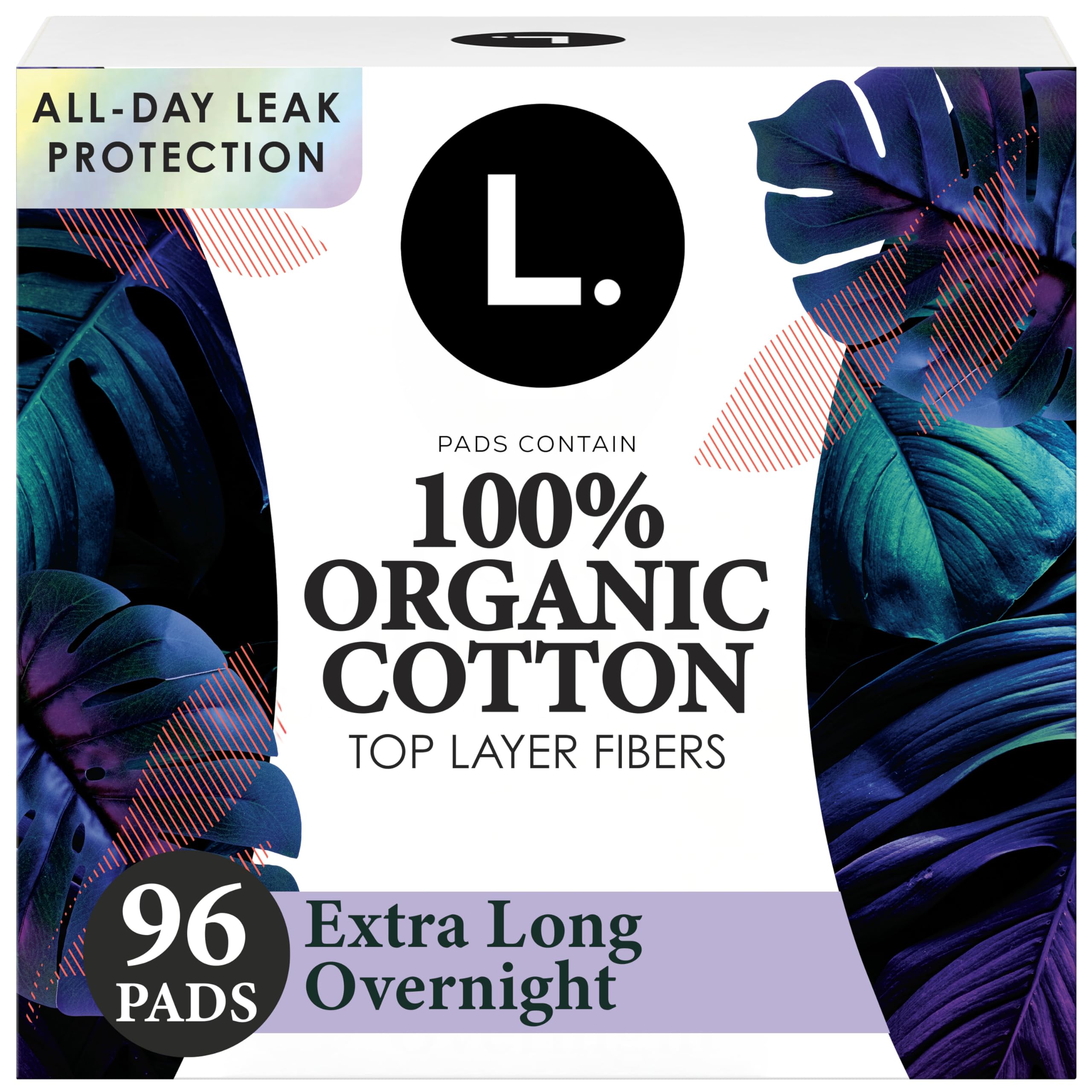 L. front packaging showing organic cotton and overnight claim for clear benefit