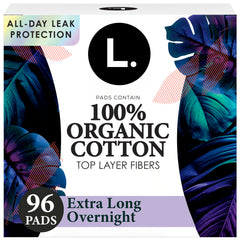 L. front packaging showing organic cotton and overnight claim for clear benefit