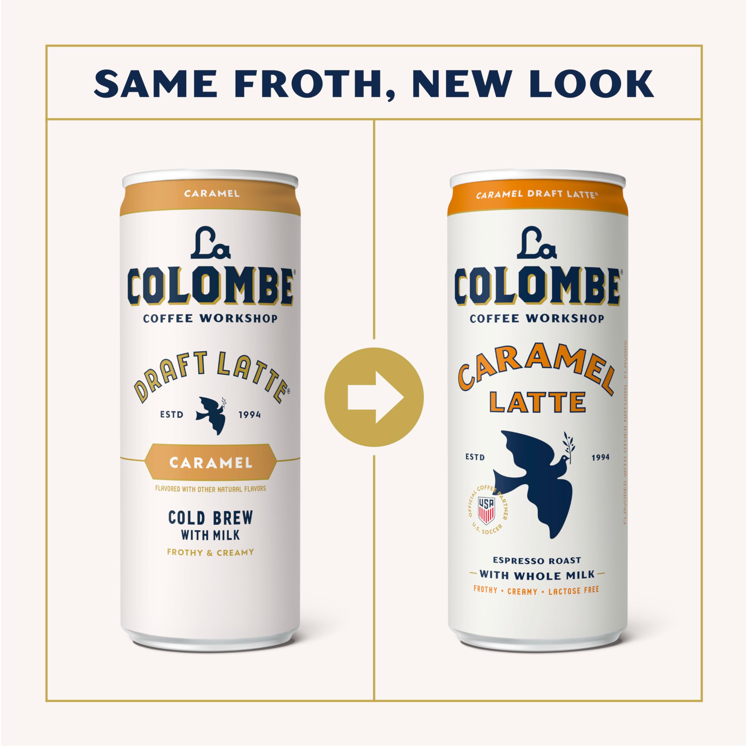 La Colombe lata en primer plano con etiqueta clara y elegante