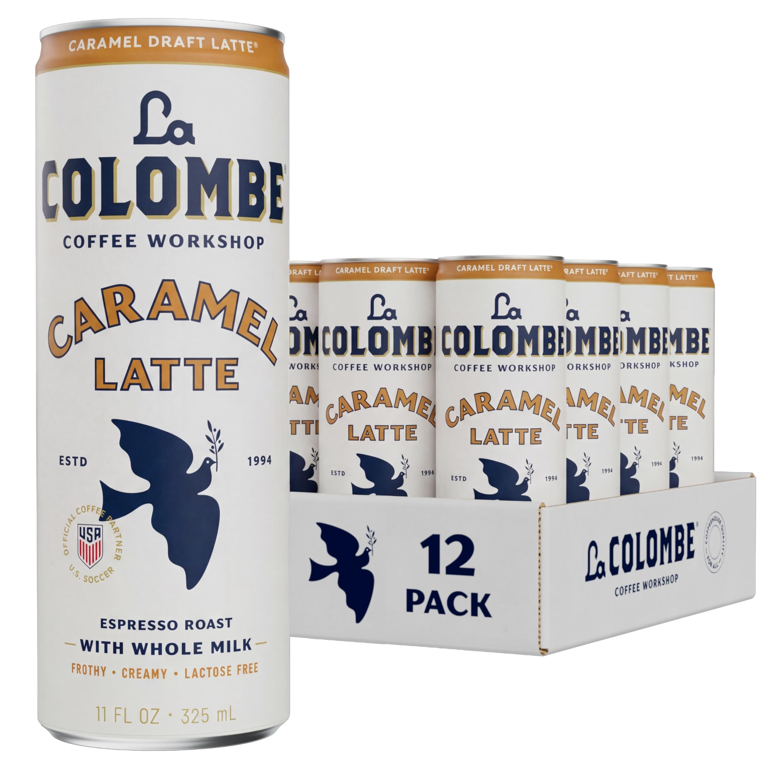 La Colombe pack frontal mostrando 12 latas listo para llevar