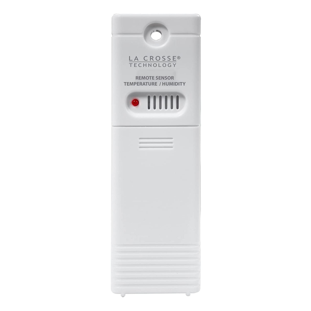 La Crosse Technology sensor TX141TH-BV4 frontal mostrando ranuras de ventilación y sello resistente
