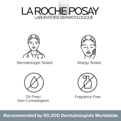 La Roche-Posay envase 0.5oz junto a mano para comparar tamaño práctico