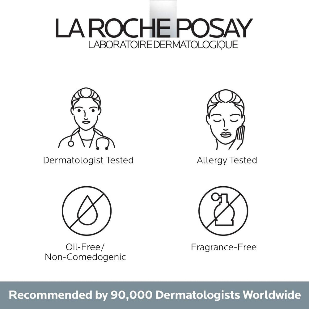 La Roche-Posay envase 0.5oz junto a mano para comparar tamaño práctico