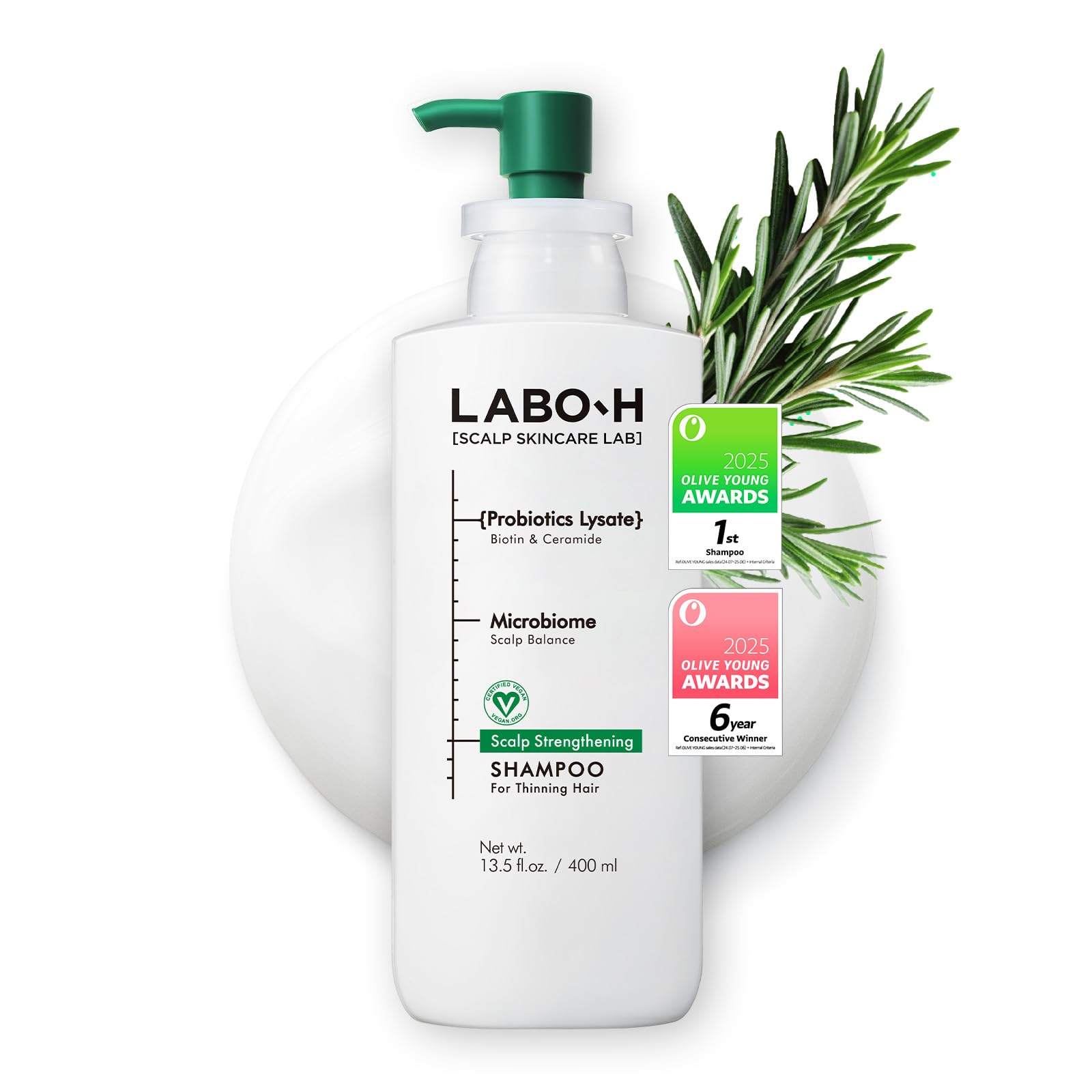 LABO-H botella frontal 400 ml limpia y moderna, presenta beneficio de fortaleza