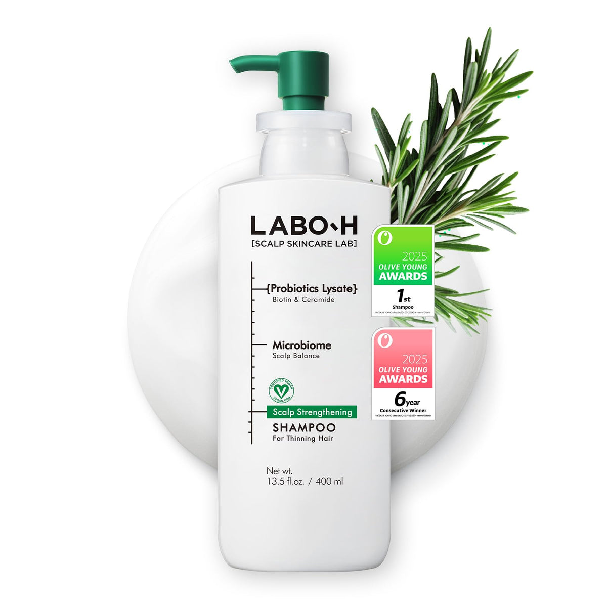 LABO-H botella frontal 400 ml limpia y moderna, presenta beneficio de fortaleza