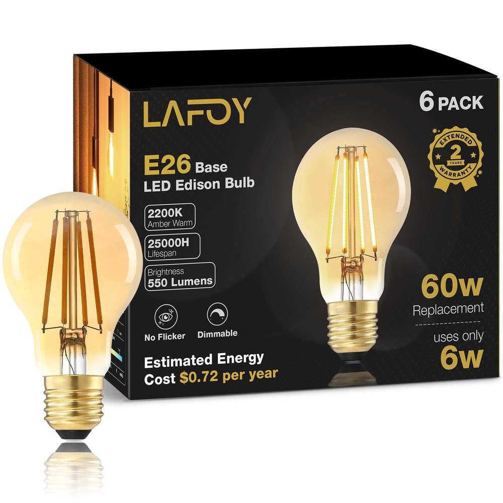 Lafoy bombilla A19 frontal mostrando diseño clásico y ajuste E26 para instalación fácil
