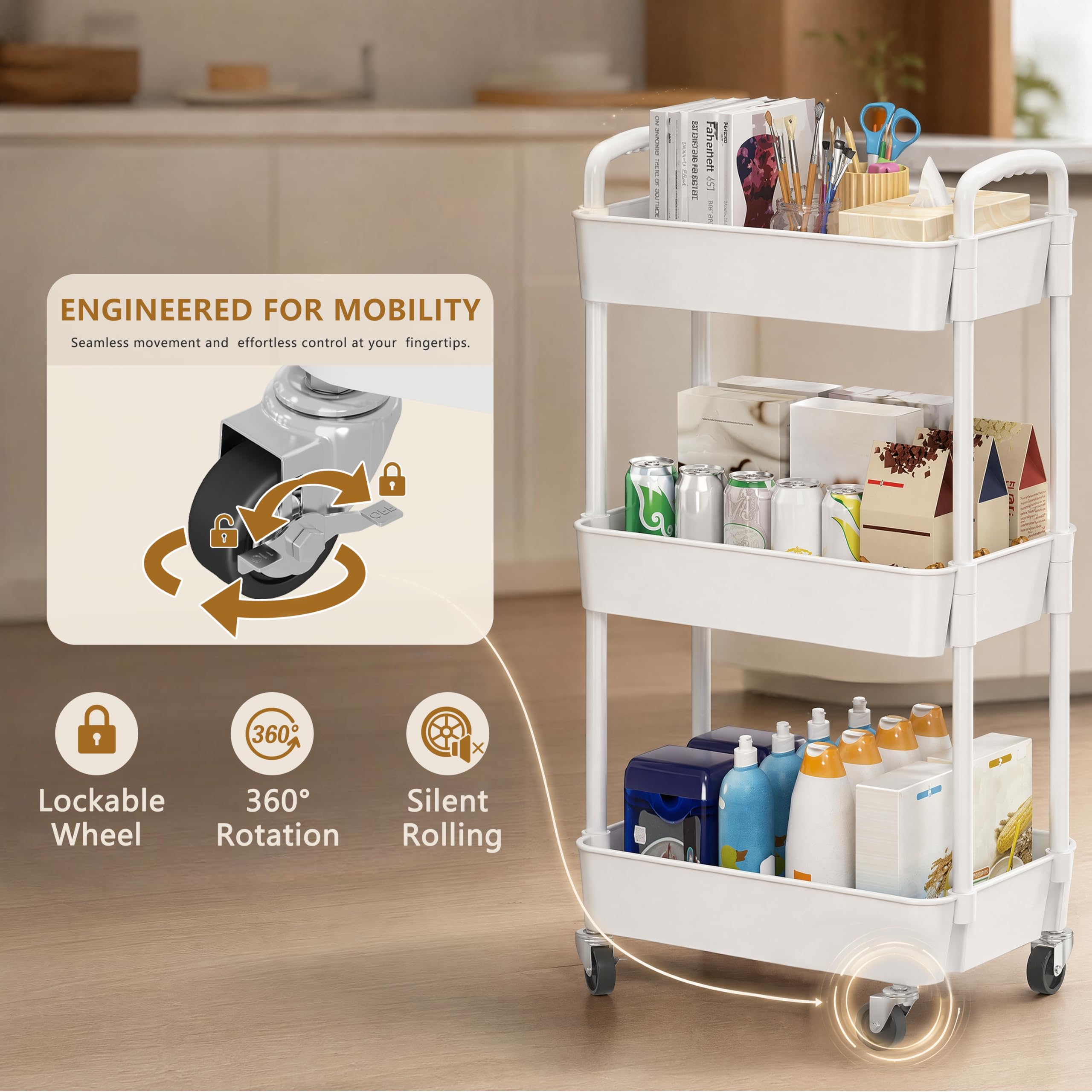 Laiensia carrito en cocina transportando frutas y utensilios, organizado