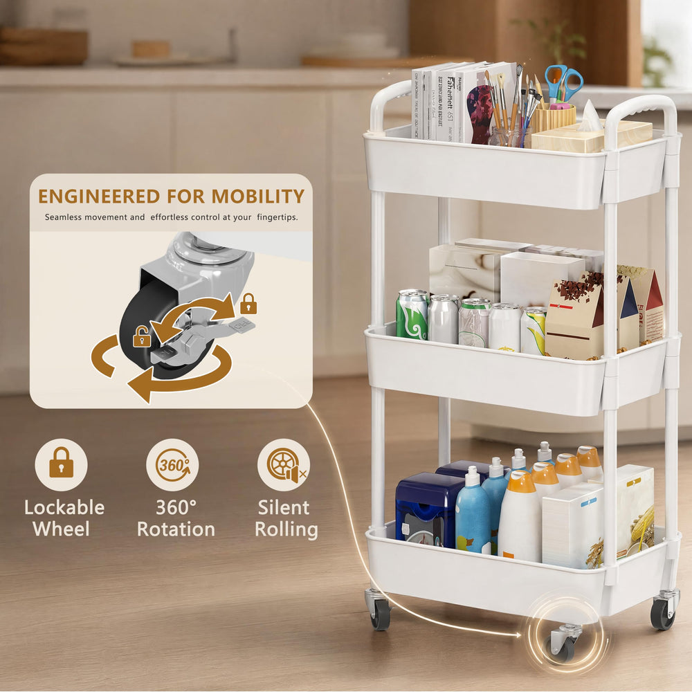 Laiensia carrito en cocina transportando frutas y utensilios, organizado
