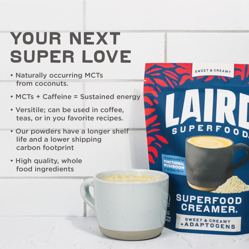 Laird Superfood etiqueta de ingredientes visible, informa sobre hongos funcionales