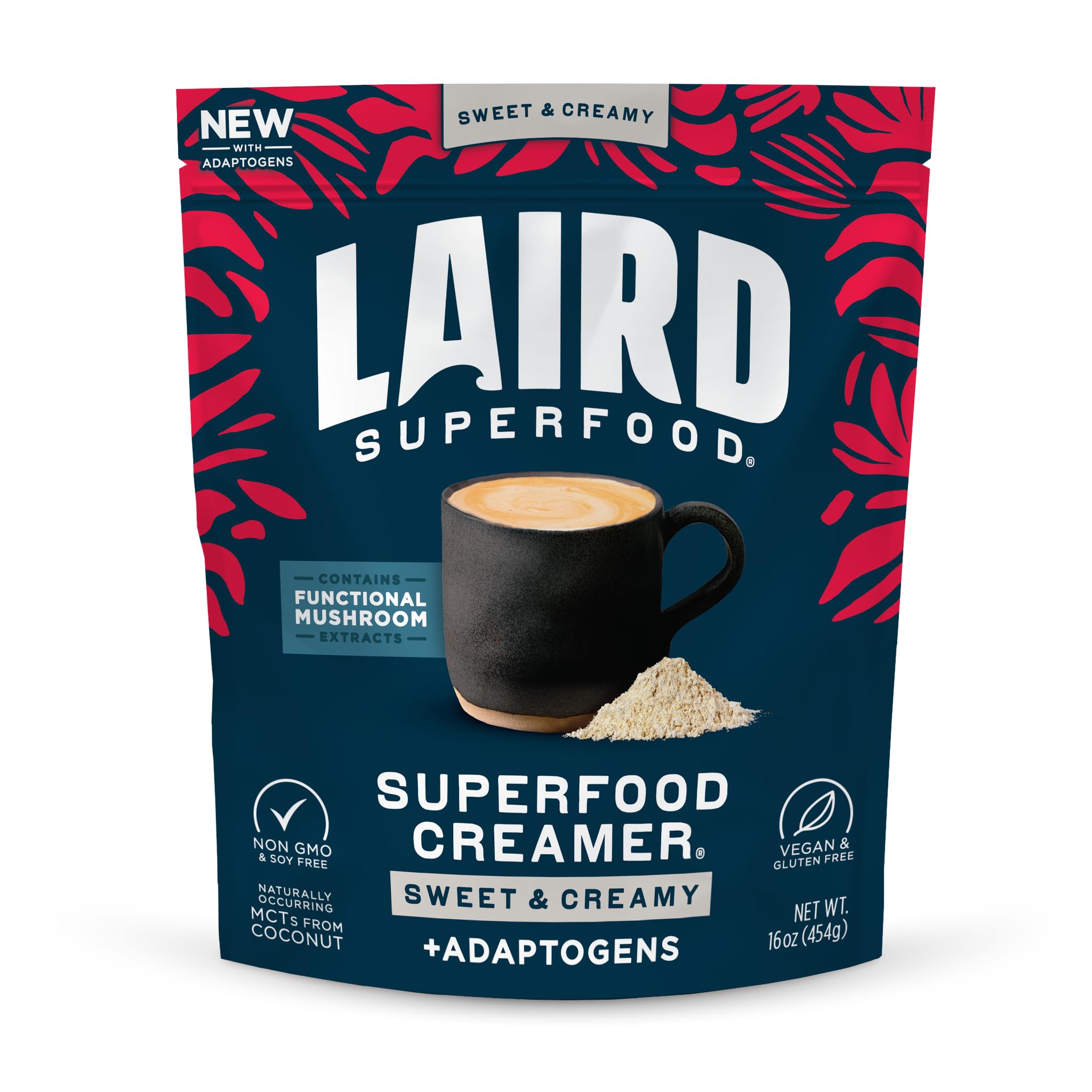 Laird Superfood frente del empaque mostrando diseño y tamaño, conveniencia visual