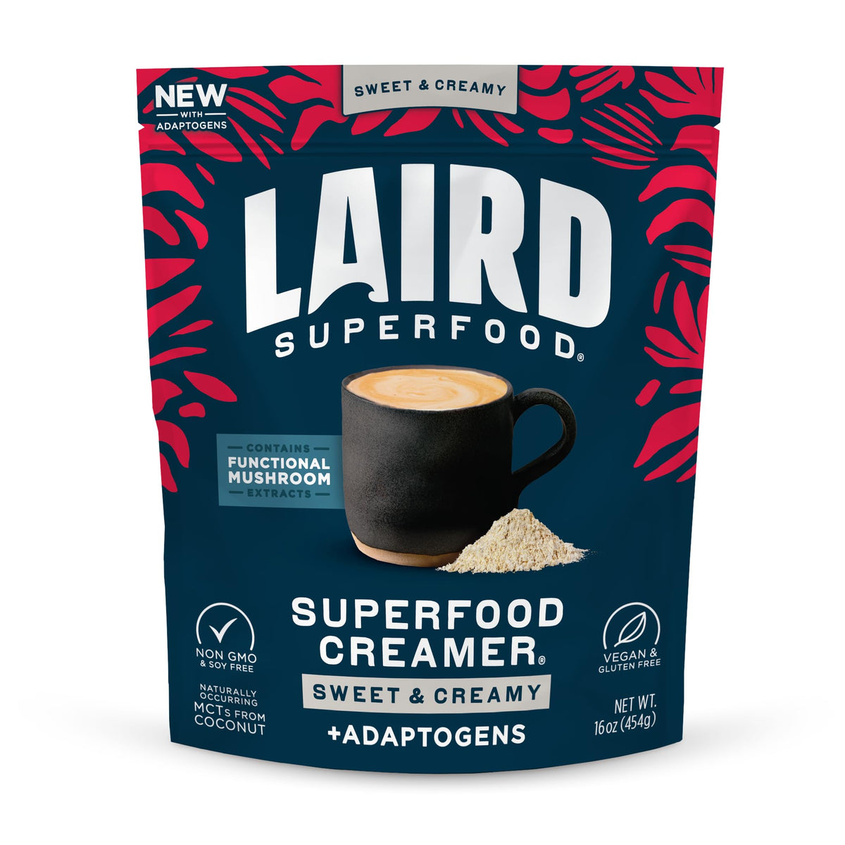 Laird Superfood frente del empaque mostrando diseño y tamaño, conveniencia visual
