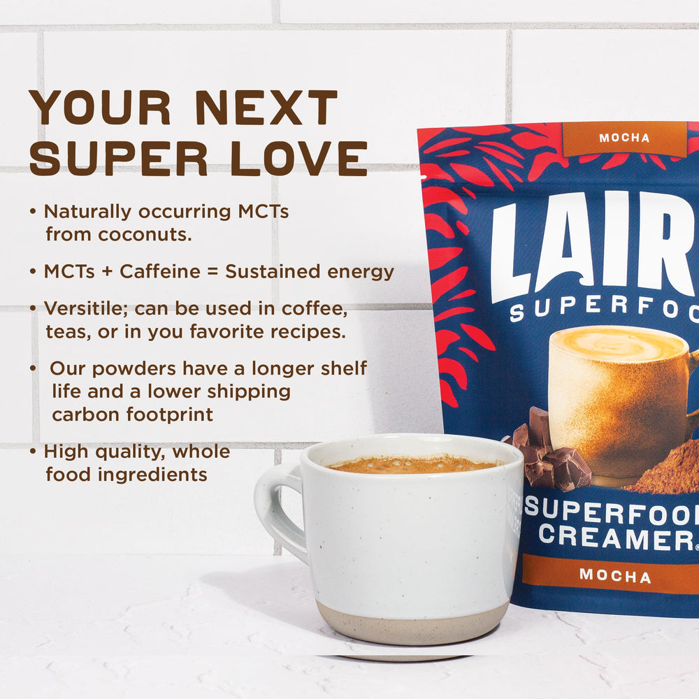 Laird Superfood ingredientes: coco en polvo y cacao crudo en escena