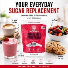 Lakanto open bag with granules visible, brand showing easy scooping and use benefit