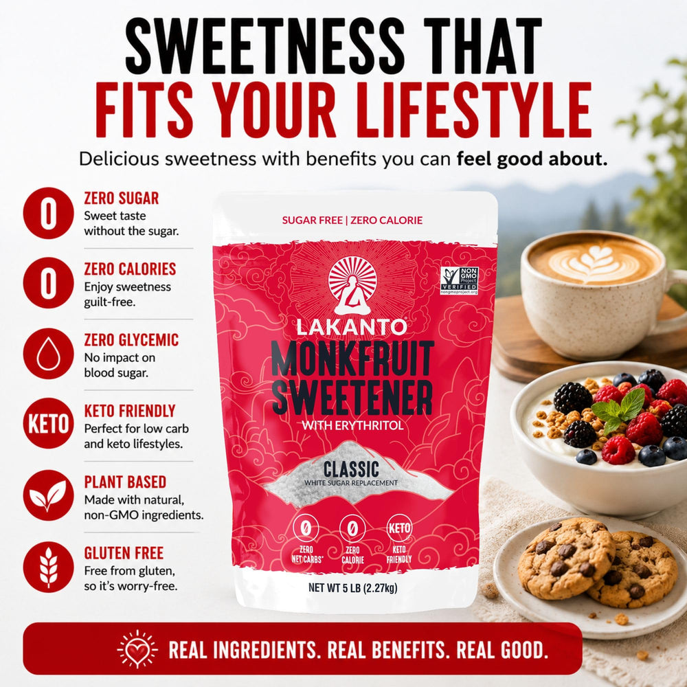 Kitchen counter scene with Lakanto bag and baked goods, brand highlights baking versatility benefit