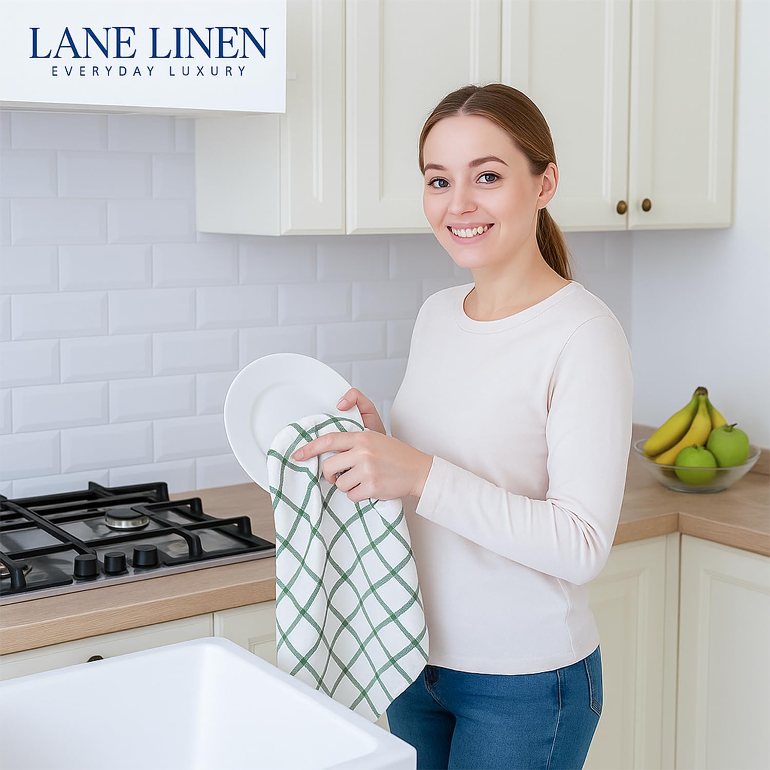 LANE LINEN paño en uso secando platos, absorbe rápido y facilita limpieza