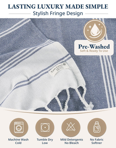 LANE LINEN etiqueta con instrucciones de cuidado para mantener absorción y color