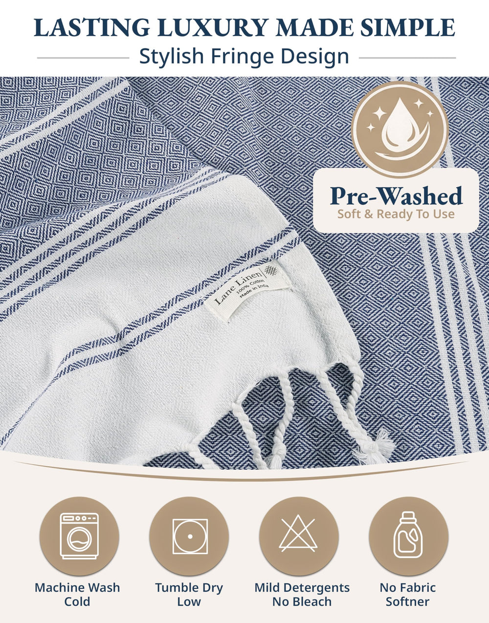 LANE LINEN etiqueta con instrucciones de cuidado para mantener absorción y color
