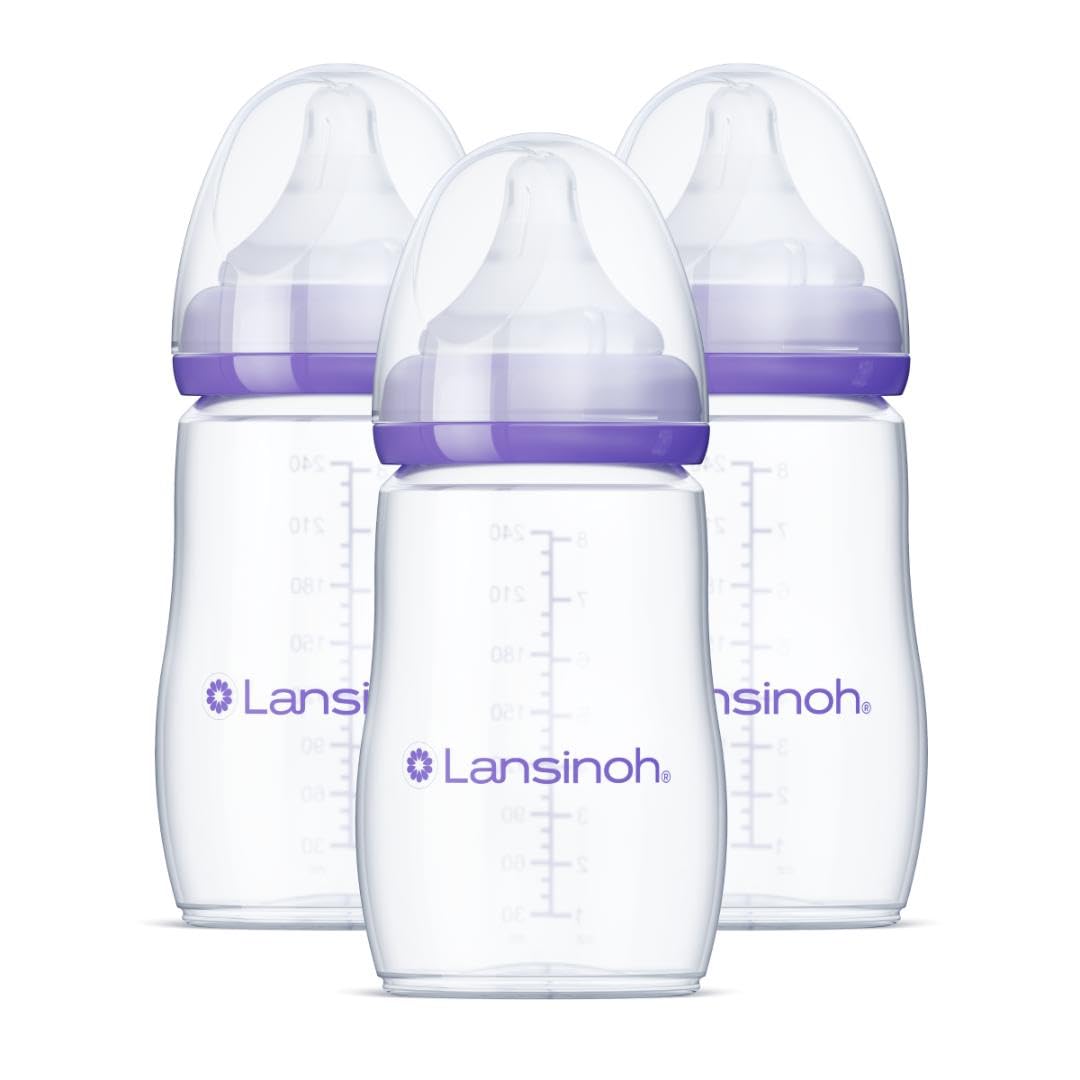 Lansinoh frontal del pack de tres biberones mostrando capacidad 8 oz y etiquetas