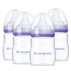 Lansinoh paquete frontal de 4 biberones muestra practicidad para padres