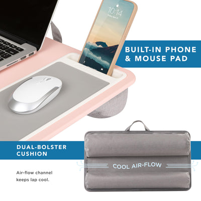 LapGear in-use on a couch with laptop demonstrating stable surface and easy setup