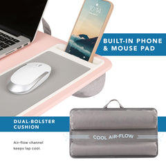 LapGear in-use on a couch with laptop demonstrating stable surface and easy setup