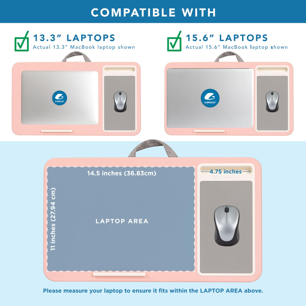 LapGear integrated mouse pad and phone slot detail for organized, efficient use