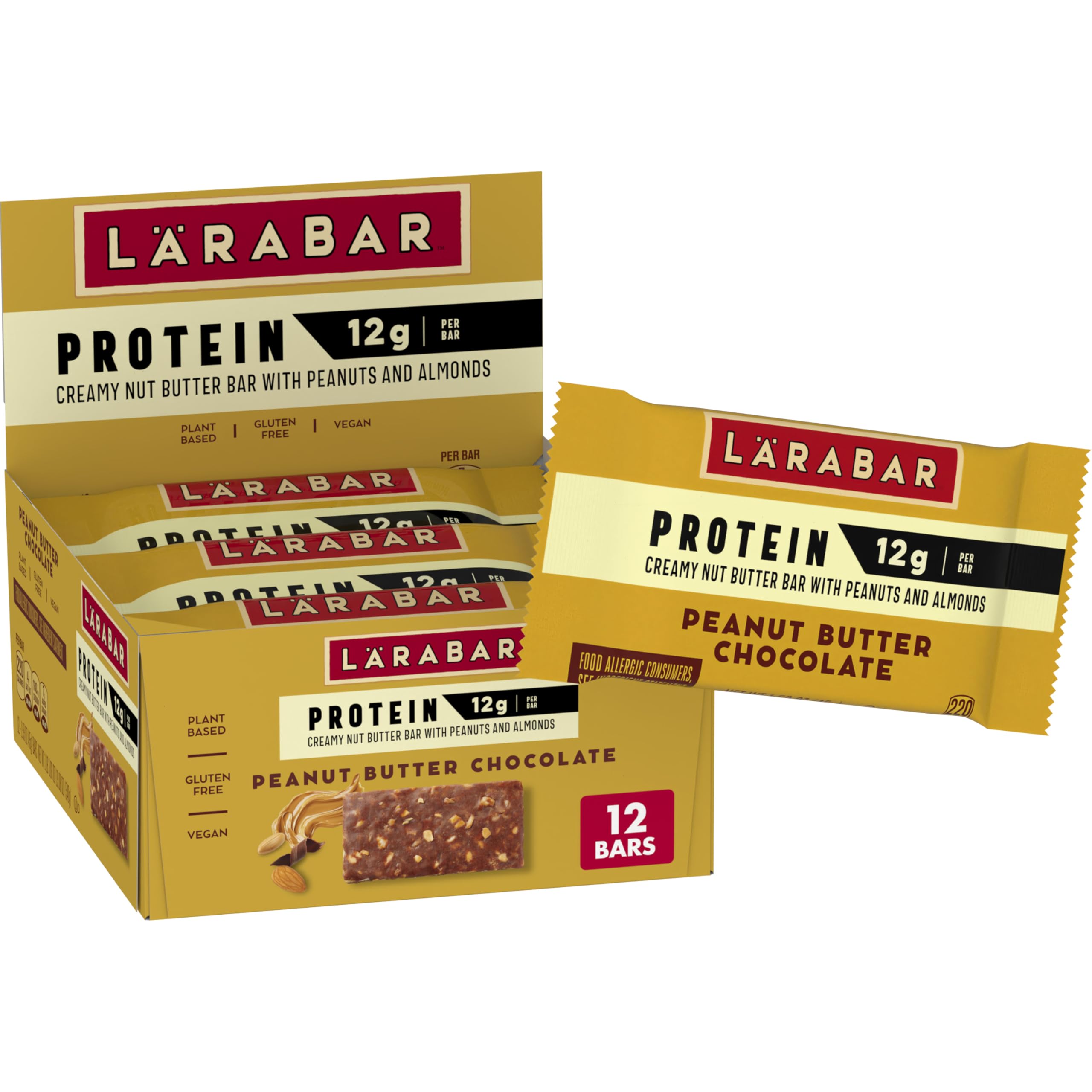 LÄRABAR frente del empaque mostrando caja de 12 barras y beneficio de proteína portable