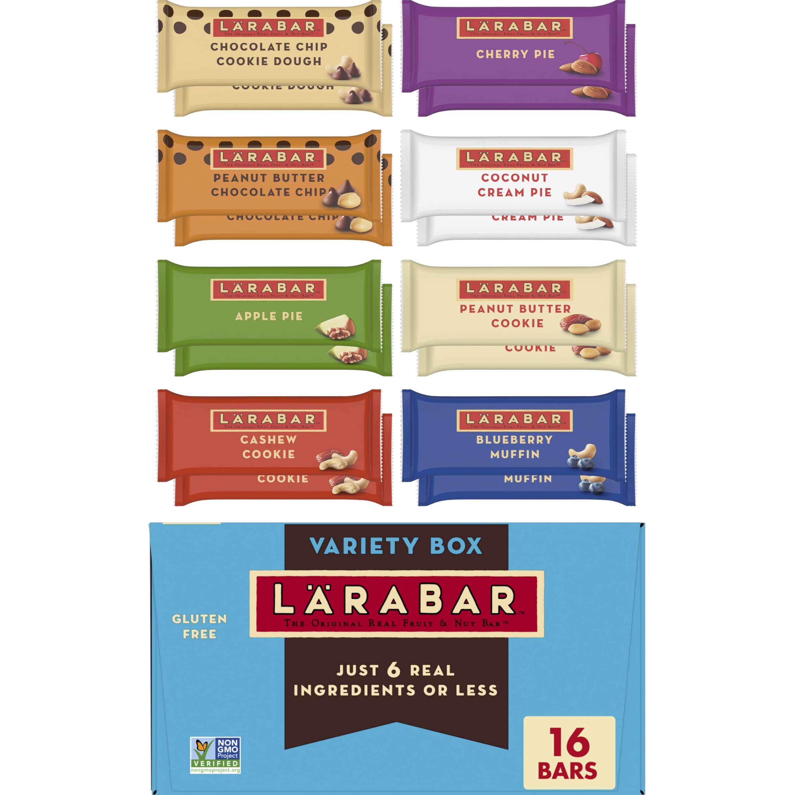 LÄRABAR paquete frontal mostrando las 16 barras y variedad de sabores, ideal para snacks