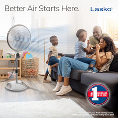Lasko detalle de aspas 16 pulgadas mostrando flujo potente y alcance