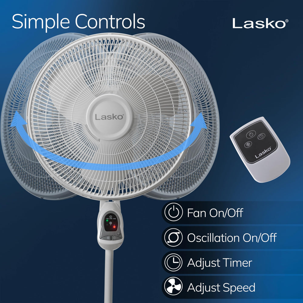Lasko control remoto en mano para ajustar velocidad y temporizador fácilmente
